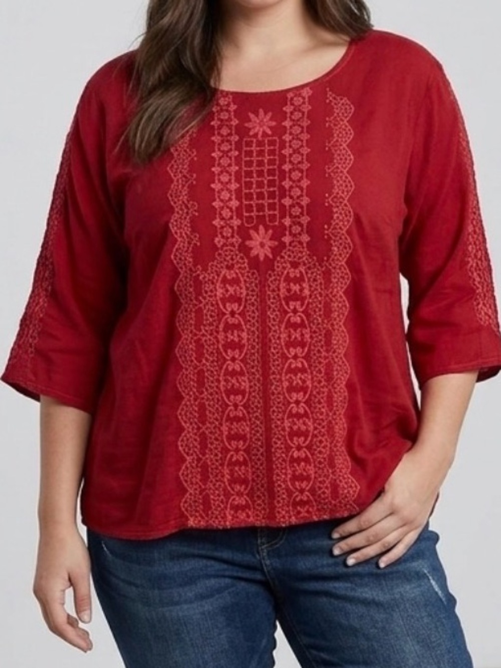 Johnny Was Red Embroidered 3/4 Sleeve Tunic Top